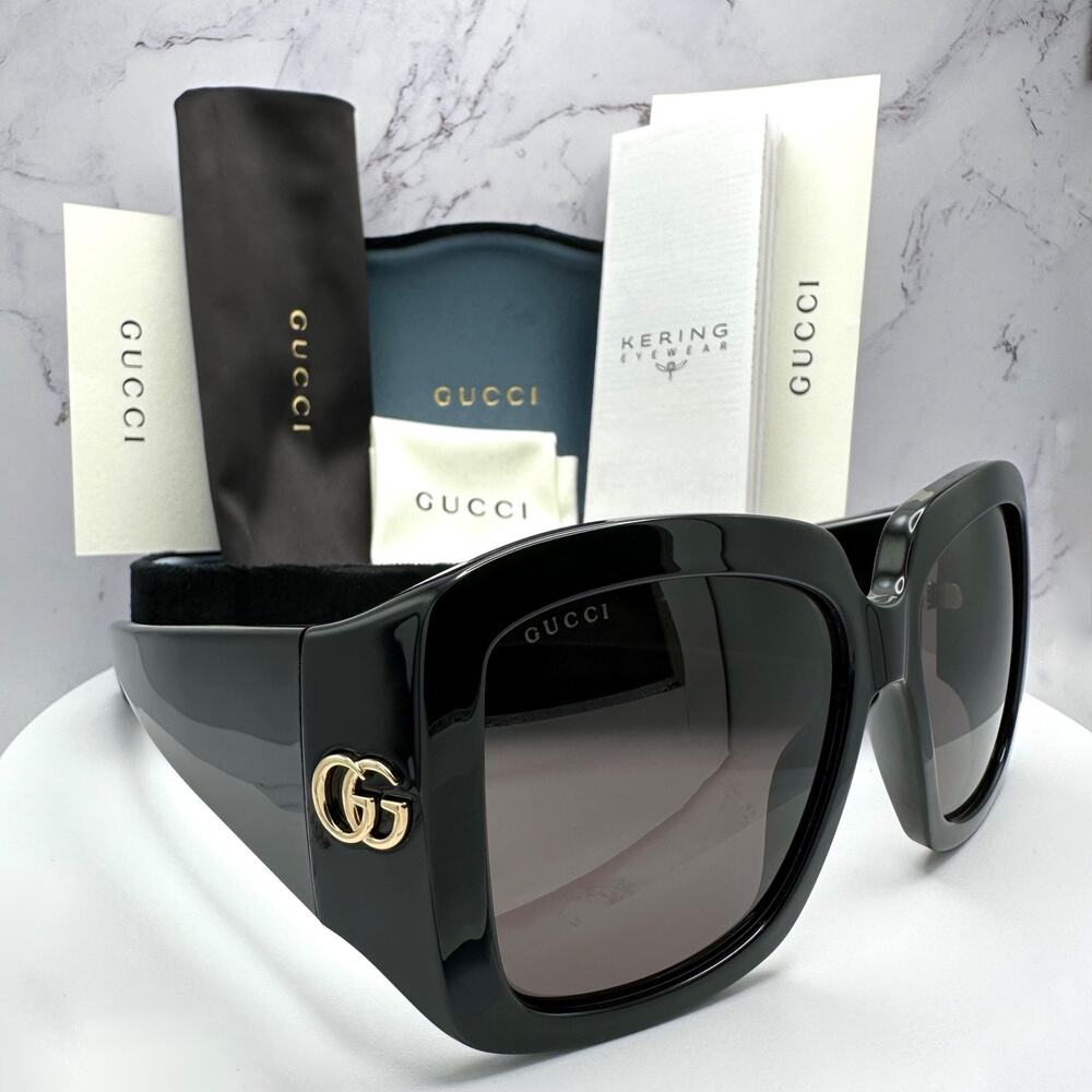 New GUCCI Sunglasses Wrap Square Black Gold Metal GG 55-16-130mm Authentic Gucci